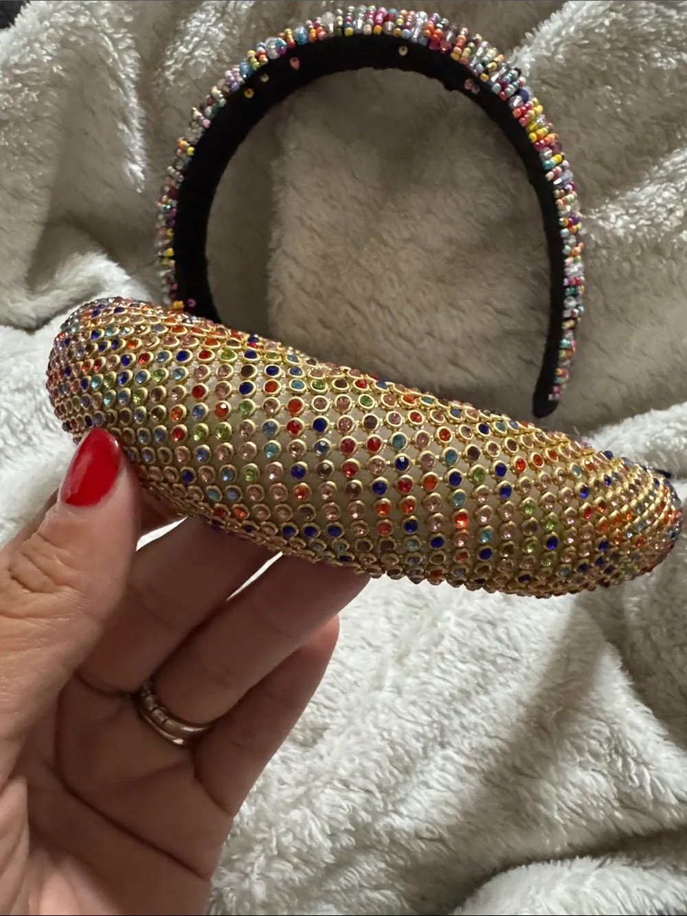 Chunky Beaded Multicolor and Gold Embellished Padded Headbands - Set of 2